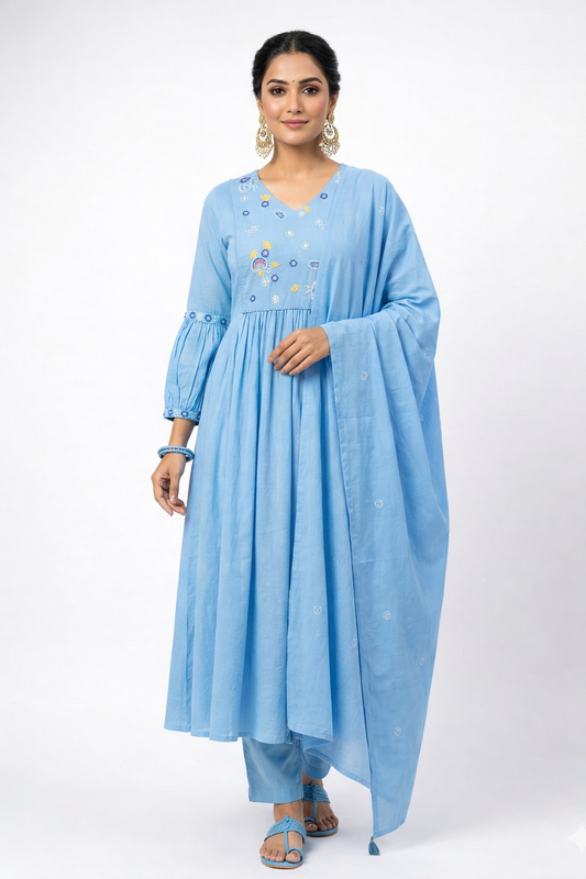 DH308-Elegant Sky Blue Anarkali Kurta Set with Dupatta