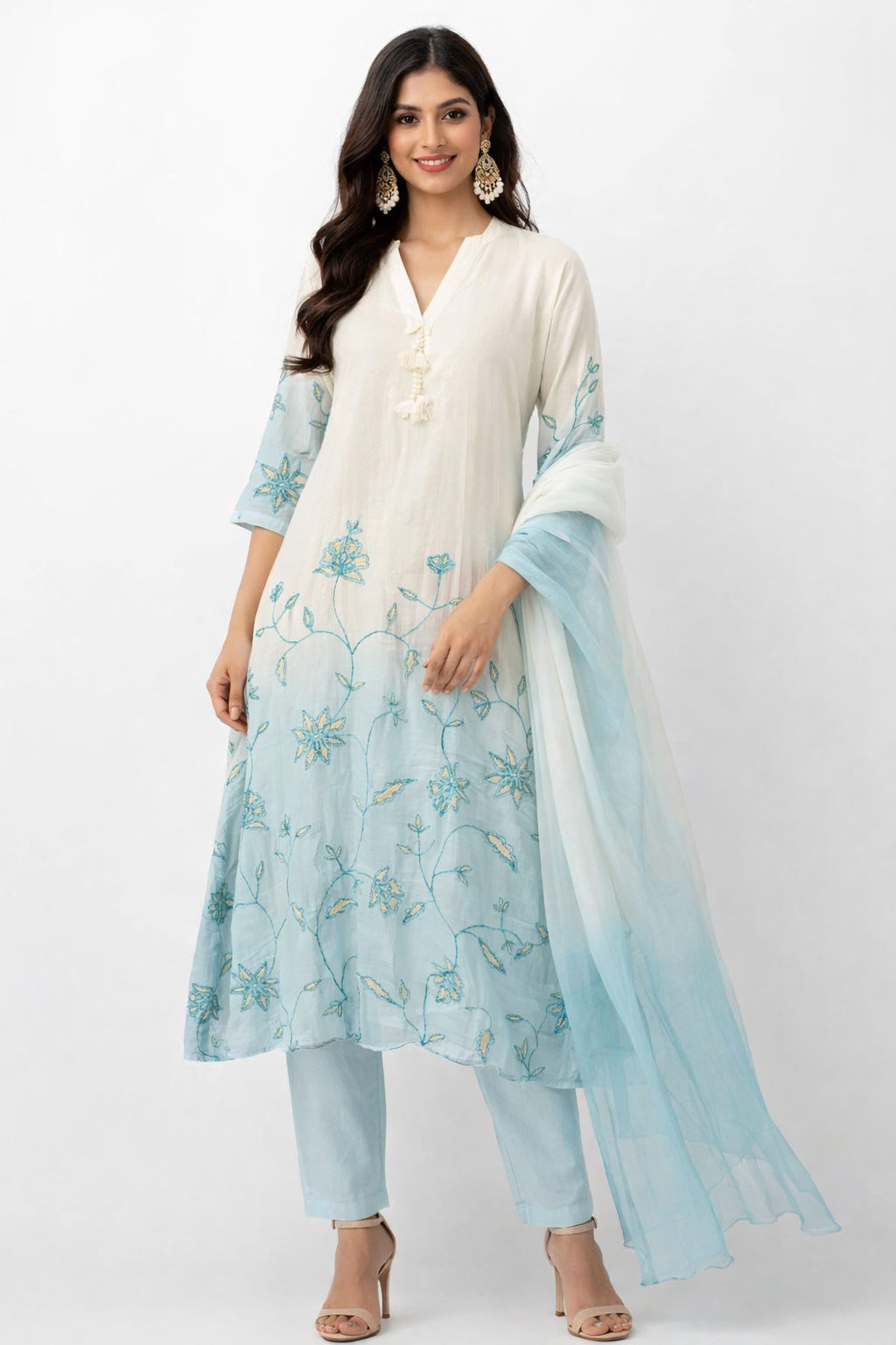 DH114WB- Dual Shade Chanderi Kurta with Floral Embroidery