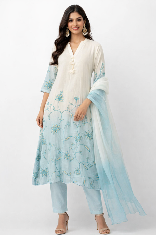 DH114WB- Dual Shade Chanderi Kurta with Floral Embroidery