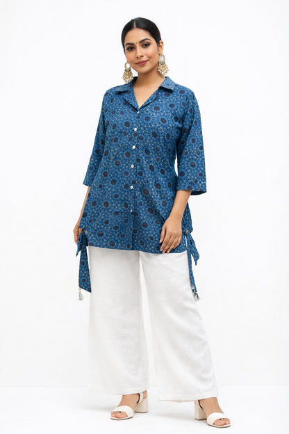 DH300-Blue Printed Cotton Kurti with White Palazzo Pants