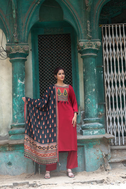 DH203-Red & Black Three Piece Muslin Cotton Red Suit Set