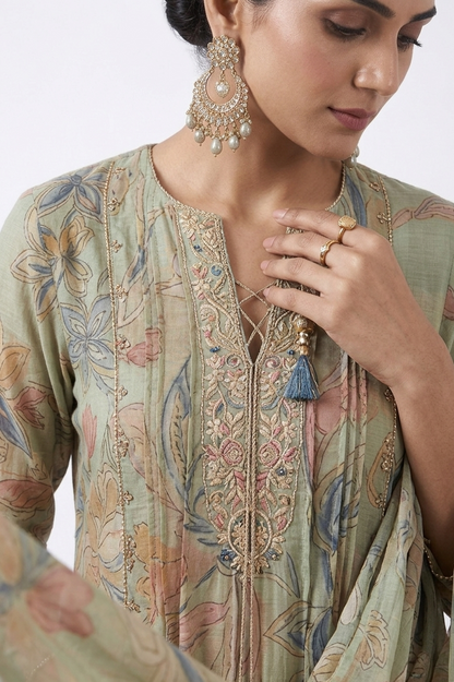 DH304-Elegant Pastel Green Floral Suit Set with Dupatta