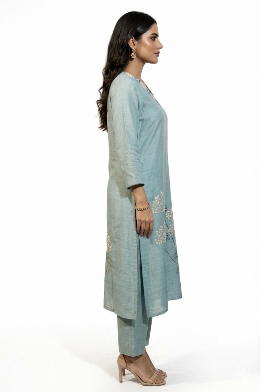 DH216-Pastel Teal With Delicate Floral embroidery