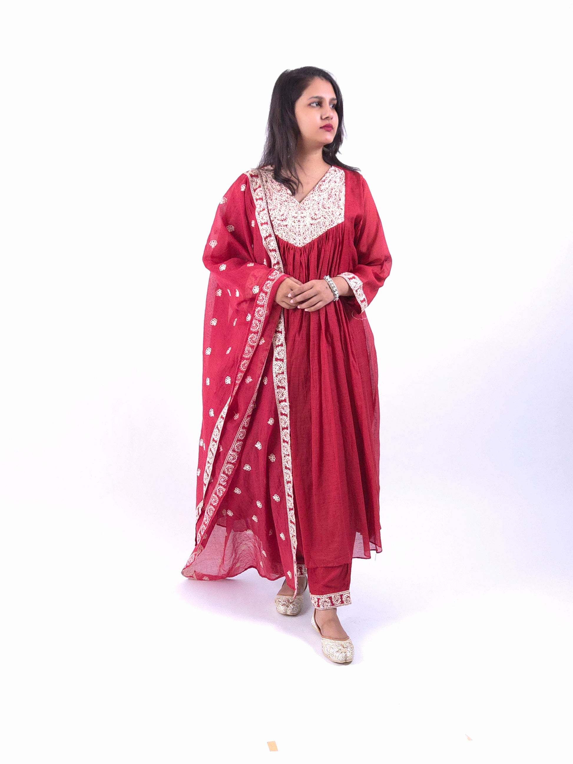 DH182-Crimson Red Embroidered Anarkali Set - Dharini's Store