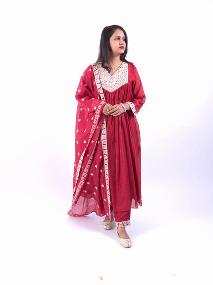 DH182-Crimson Red Embroidered Anarkali Set - Dharini's Store