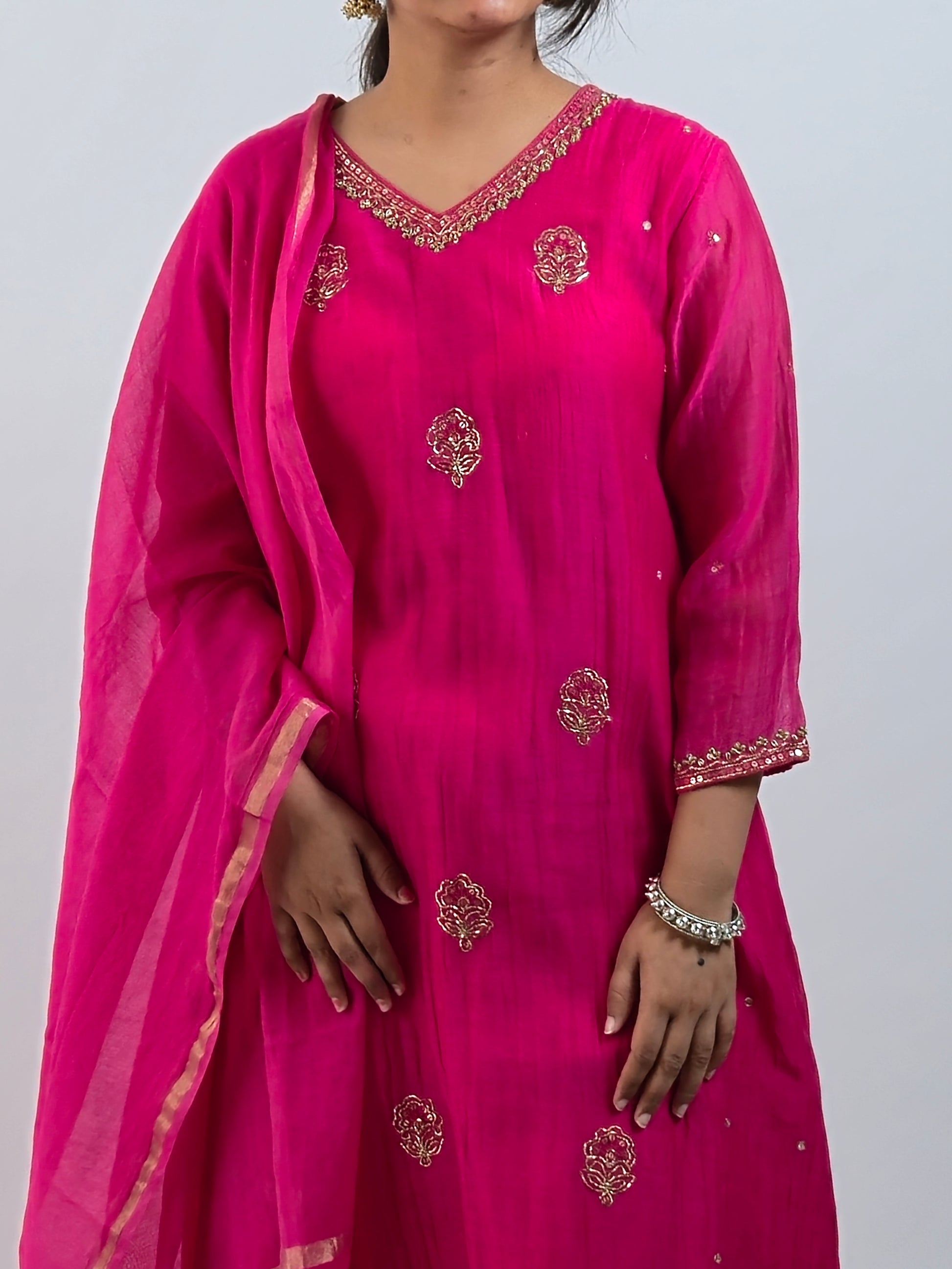 DH179-P-Rani Pink Embroidered Mul chanderi A line set - Dharini's Store