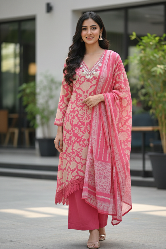 DHO104P- Pure Muslin Stitched Suits with Floral Design