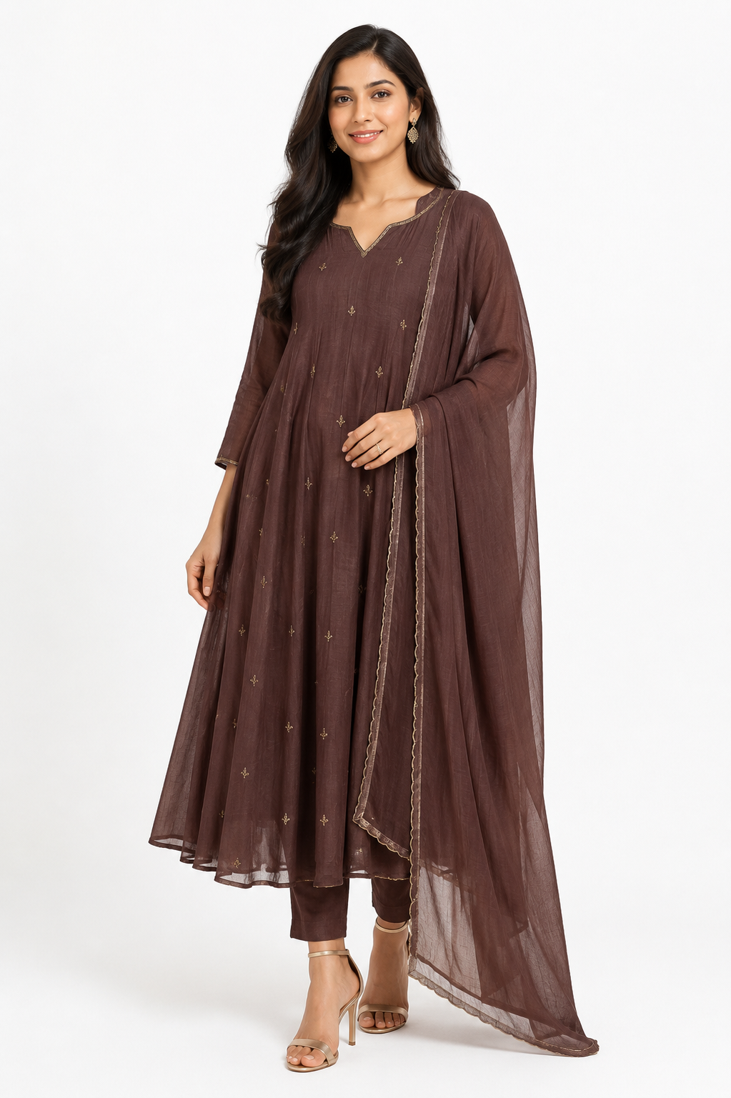 DH321-Women's Brown Mul Chanderi A-Line Suit Set with Dupatta