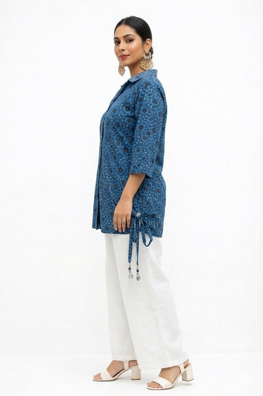 DH300-Blue Printed Cotton Kurti with White Palazzo Pants