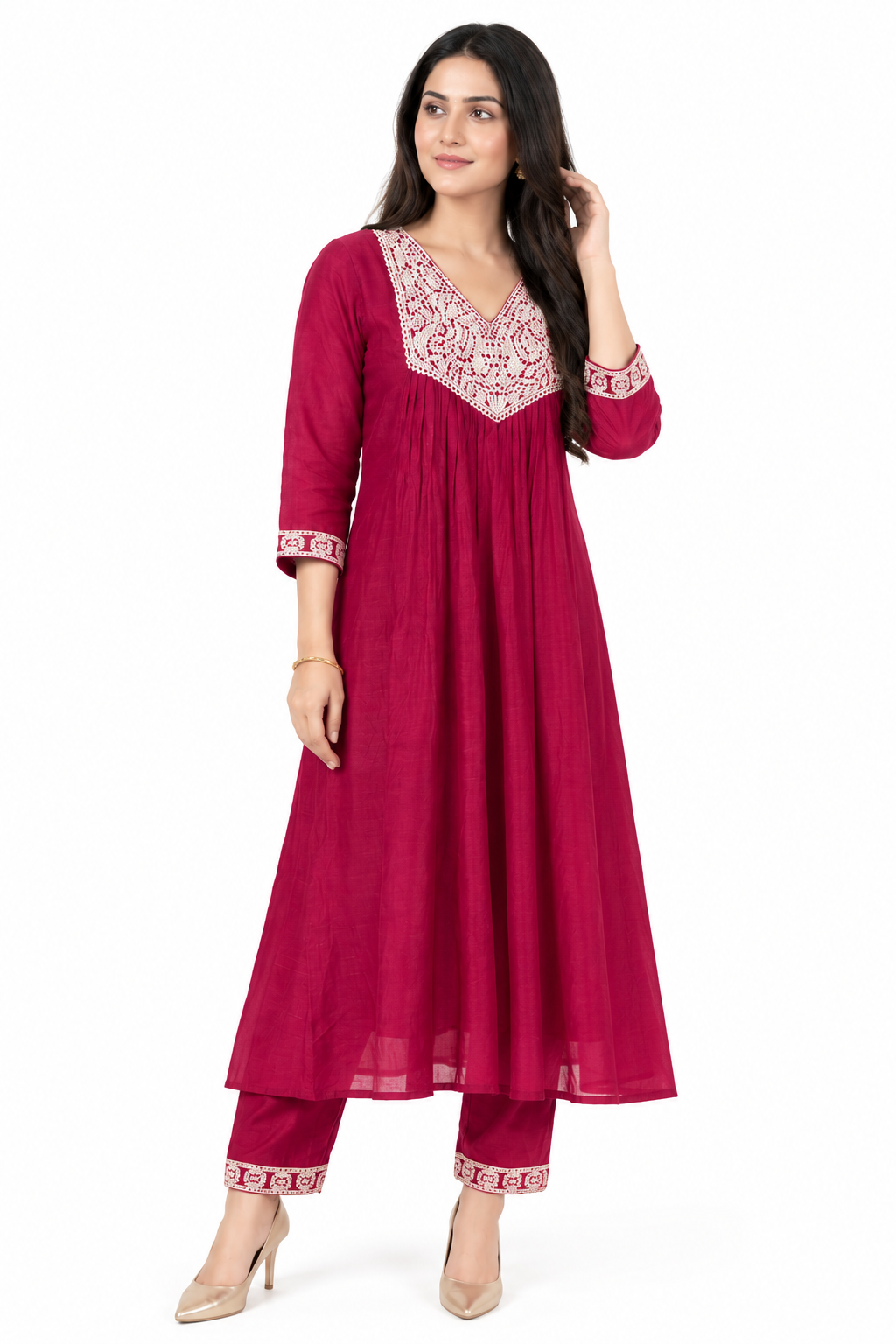 DH182-Crimson Red Embroidered Anarkali Set