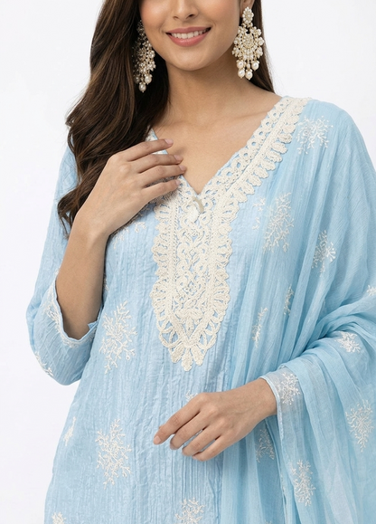 DH302-Elegant Sky Blue  Embroidered Cotton Kurta set with White Lace V-Neck