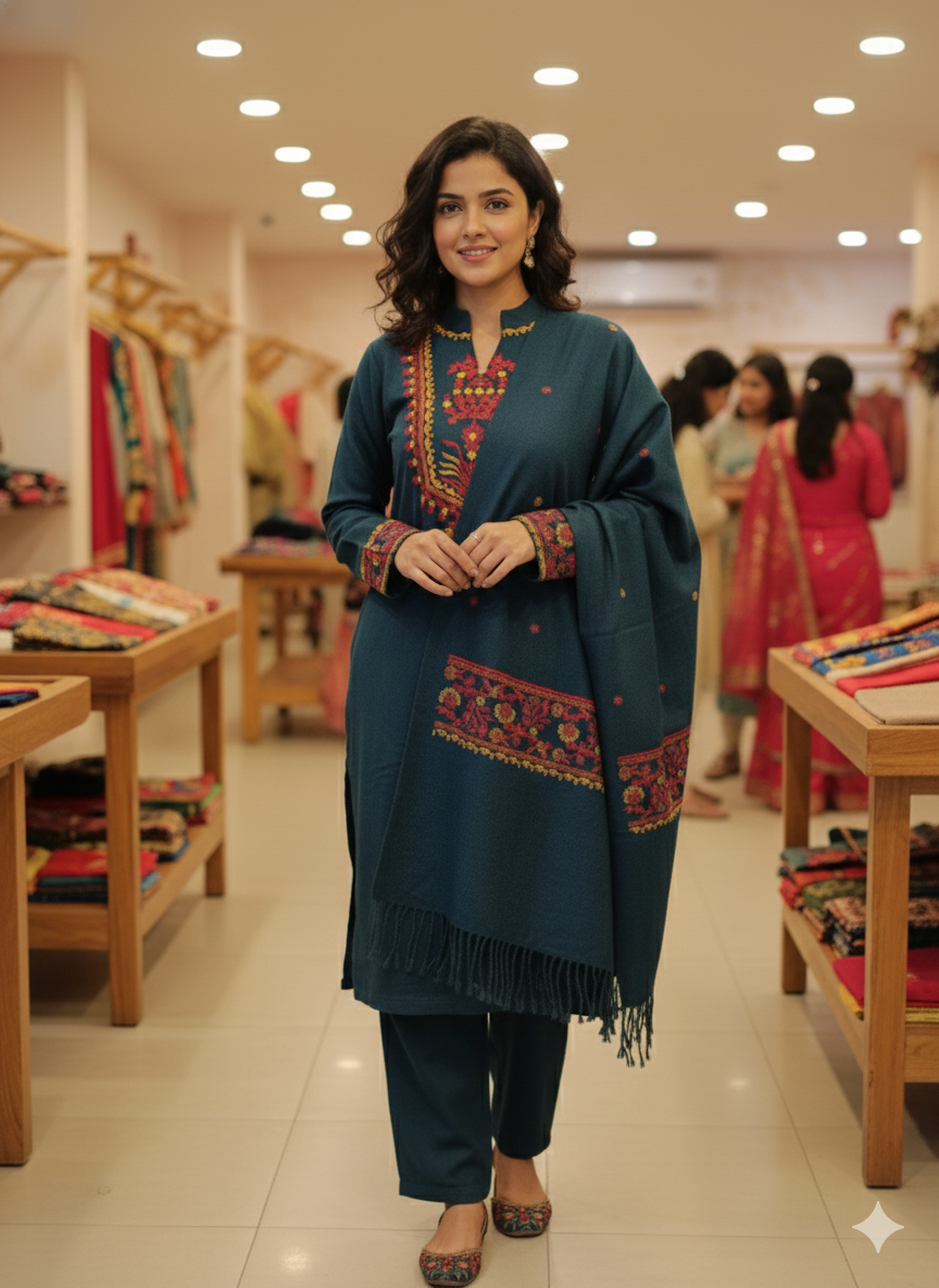 DH296-Teal Woolen Three-Piece Suit with Embroidered Details and Shawl
