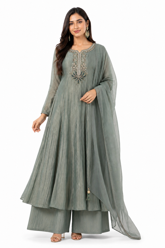 DH325-Sage Green Tissue Shimmer Embroidered Suit Set with Dupatta