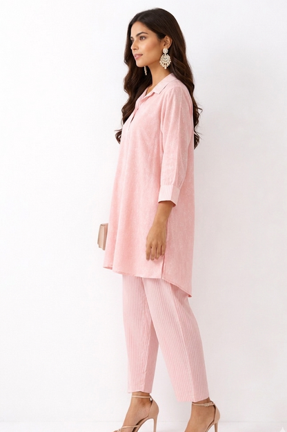 DH313-Elegant Peach Printed 2-Piece Co-Ord Set with Collar Neck