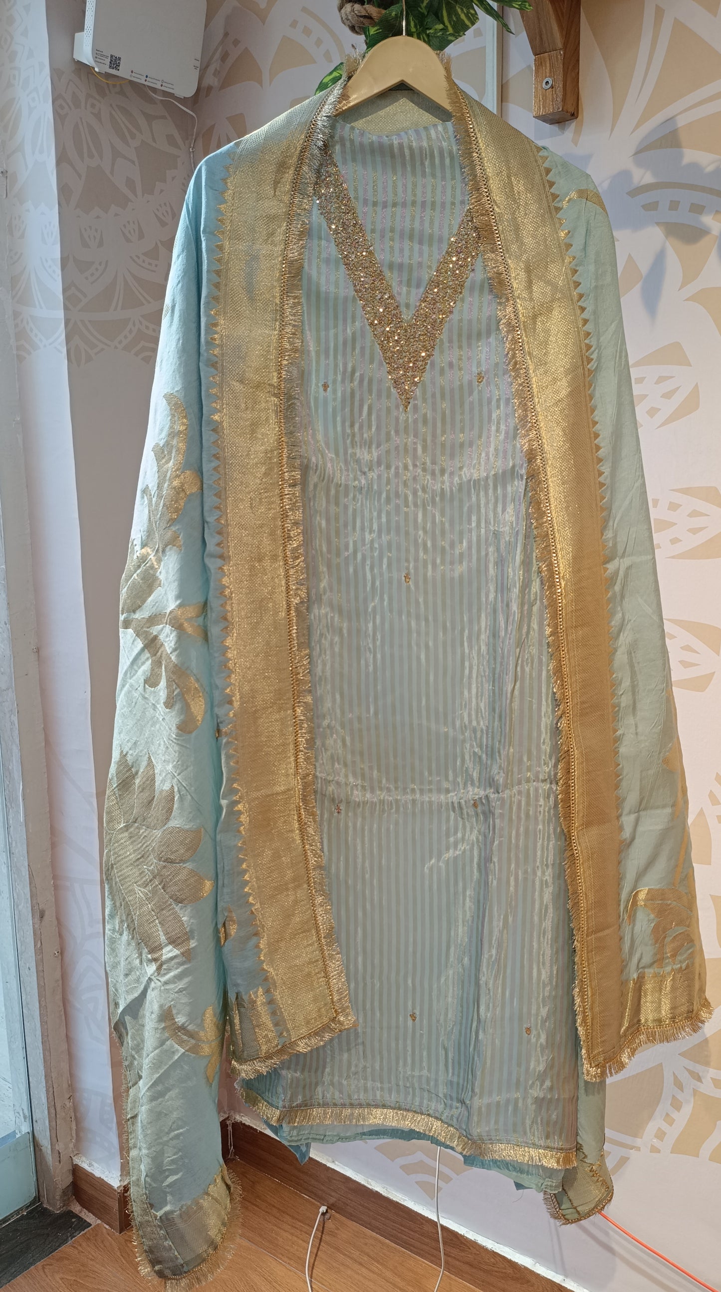 DH223-Elegant Sky Blue Suit with Golden Embroidery & Dupatta