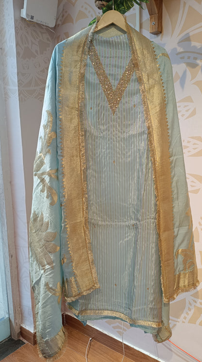 DH223-Elegant Sky Blue Suit with Golden Embroidery & Dupatta