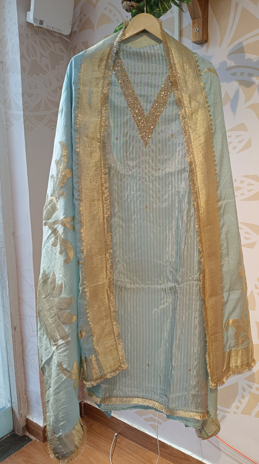 DH223-Elegant Sky Blue Suit with Golden Embroidery & Dupatta