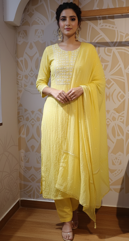 DH266- Yellow Pearl Chikankari Style Suit
