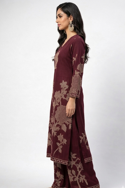DH307-Elegant Wine  Floral Printed Kurta Set with Palazzo