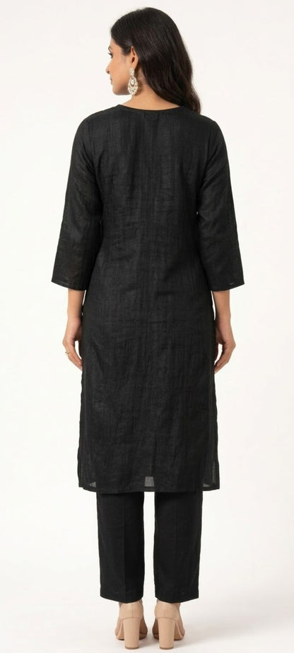 DH303-Elegant Black Embroidered Cotton Kurta set with White Lace V-Neck
