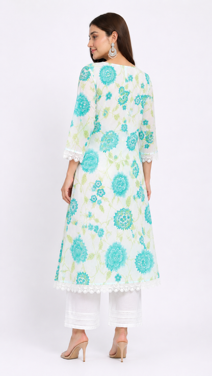 DH123-Cotton Floral Print Kurta Set with Dupatta