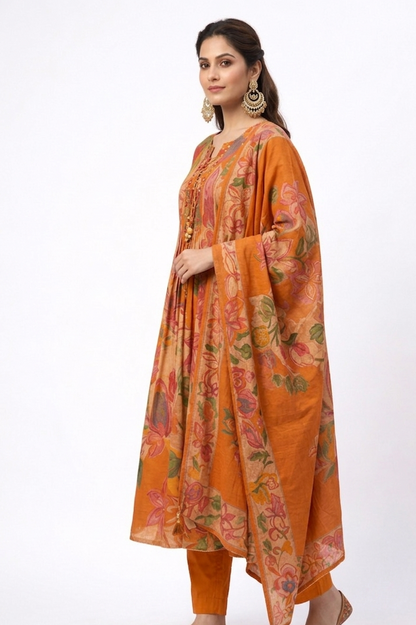 DH305- Vibrant Orange Floral A-Line Kurta Set with Dupatta