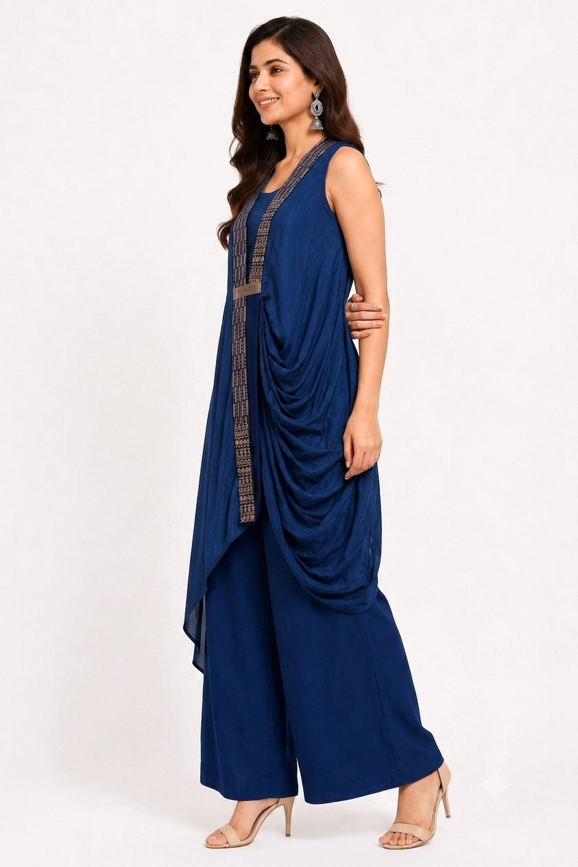 DH328-Navy Blue Indo-Western Co-Ord Set with Drape & Palazzo
