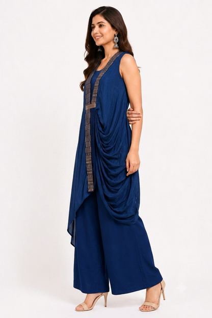 DH328-Navy Blue Indo-Western Co-Ord Set with Drape & Palazzo