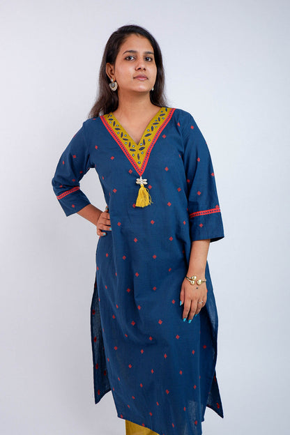 DH209-Blue Handloom Cotton Kurti with Embroidered V-Neck and Tassel Detail