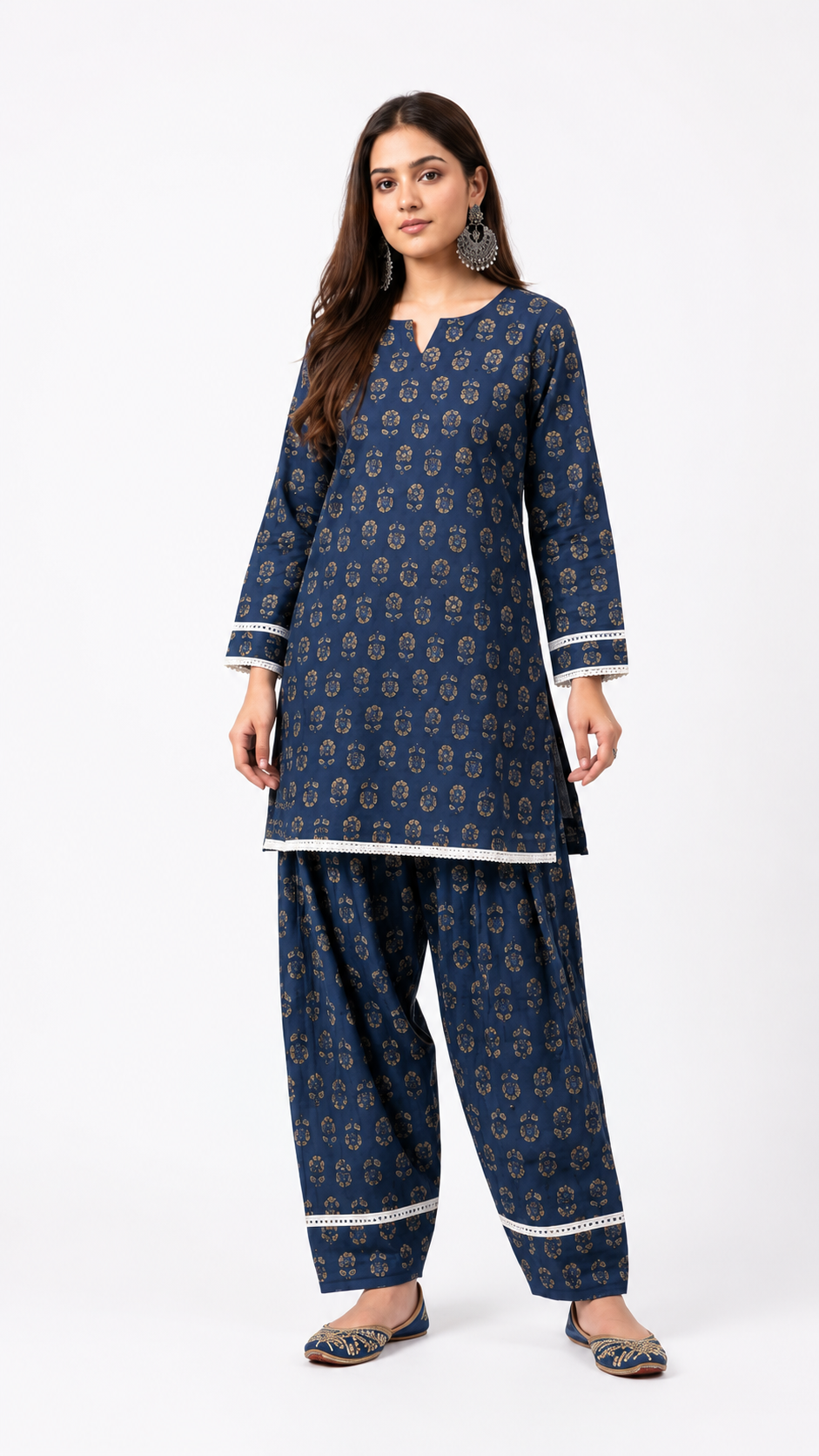 DH318-Women's Navy Blue Cotton Printed Farshi Salwar Suit Set