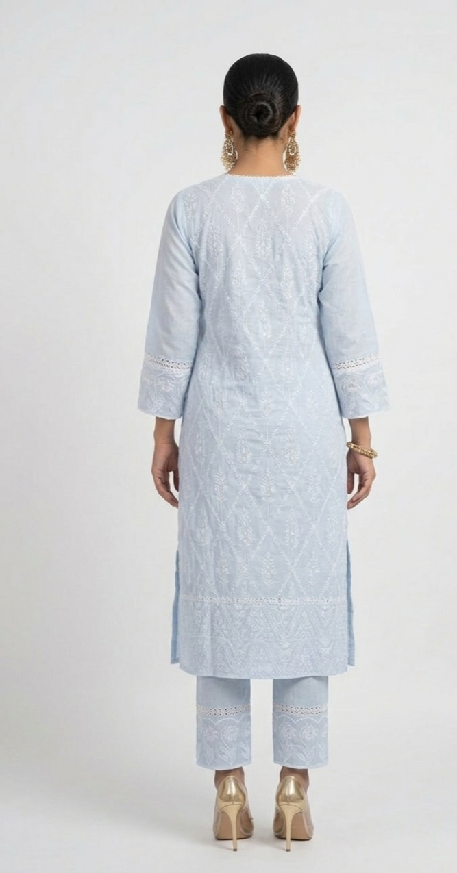 DH112B- Schiffli Work Straight-Cut Suit Light Blue