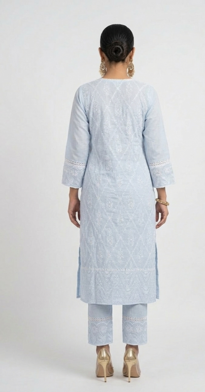 DH112B- Schiffli Work Straight-Cut Suit Light Blue