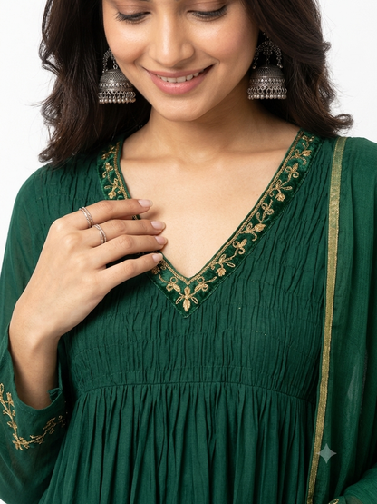 DH327-Emerald Green Mul Chanderi Embroidered A-Line Suit Set with Dupatta