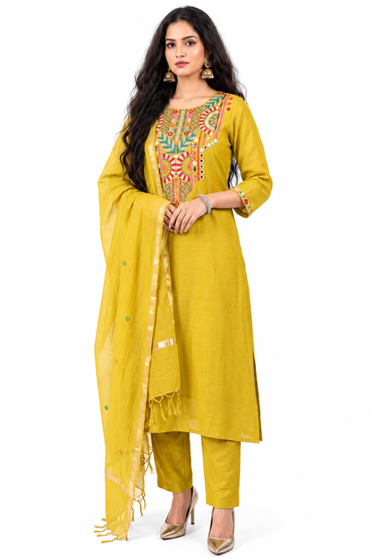 DH181G-Elegant Mul Chanderi Suit with Hand Embroidered Neckline
