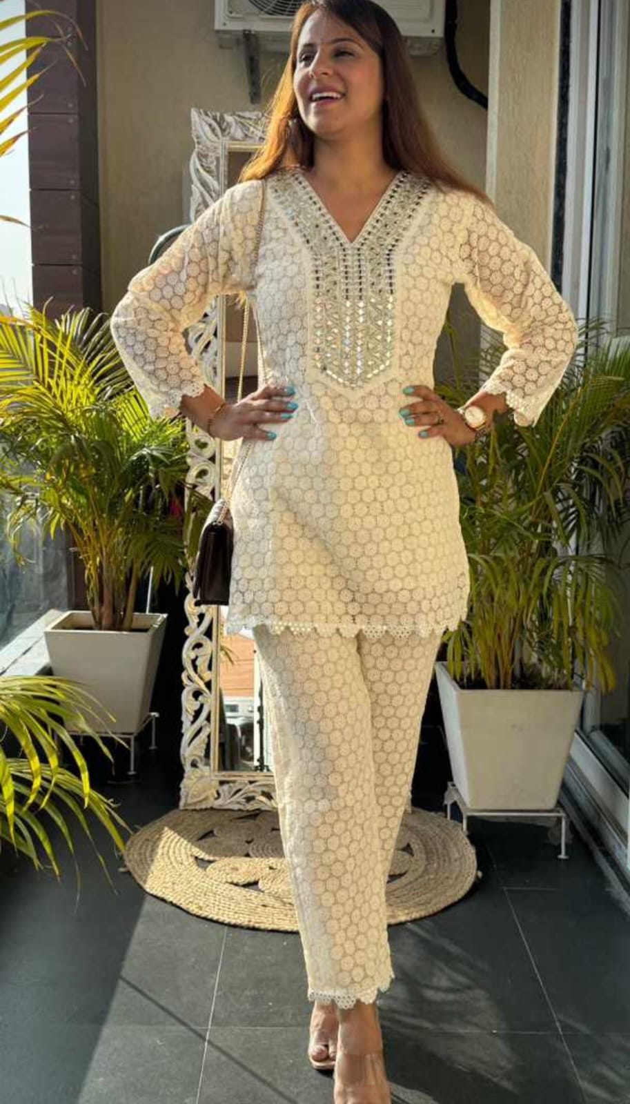 DH156-W-Graceful Cream Mirror Work Suit Set - Dharini's Store