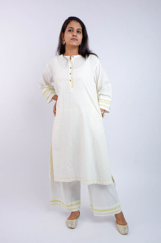 DH210-Elegant Two-Piece White Cotton Kurta Set with Subtle Detailing