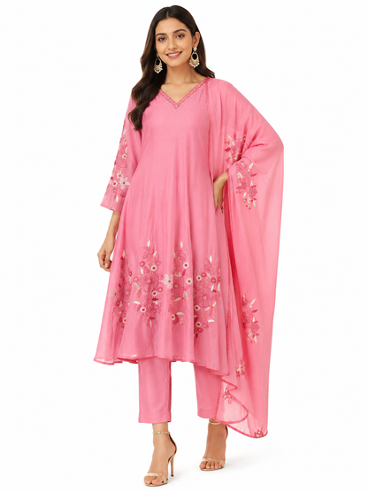 DH164P-Pink Mul Chanderi Kurta Set