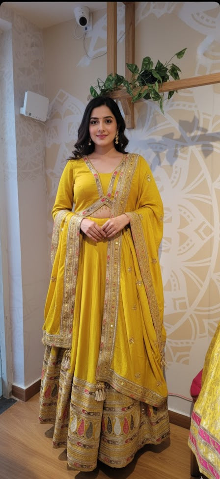 DH219-Vibrant Yellow Lehenga Choli with Embroidered Detailing