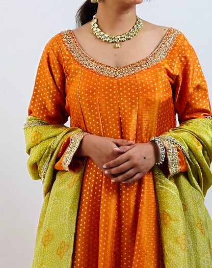 DH146-O-Orange Green Anarkali Sharara Suit - Dharini's Store