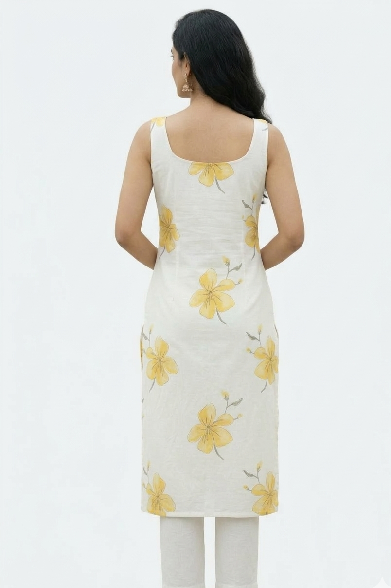 DH122W-White Dress with Yellow Floral Print & Dupatta