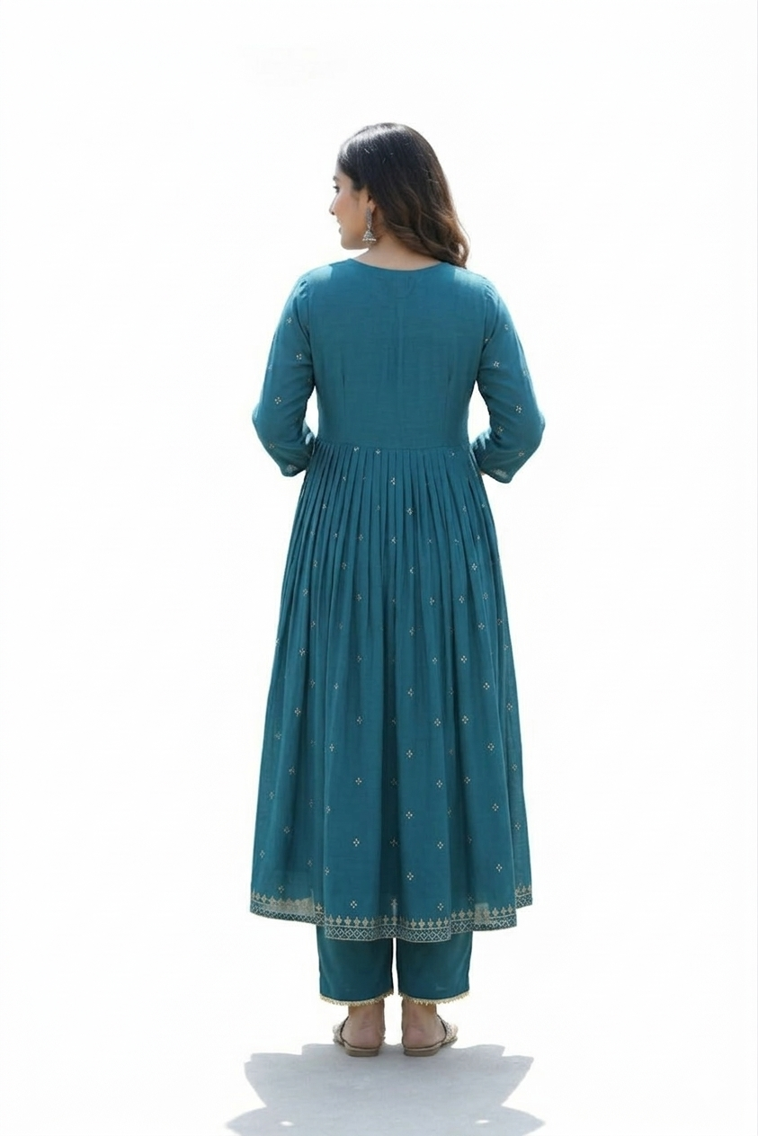 DH199- Vibrant Teal Embroidered Mul Cotton Anarkali Set