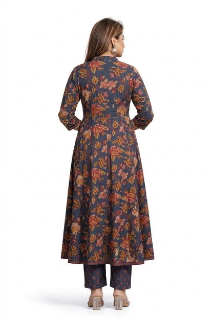 DH196- Regal Navy Floral Cotton Suit Set for Women