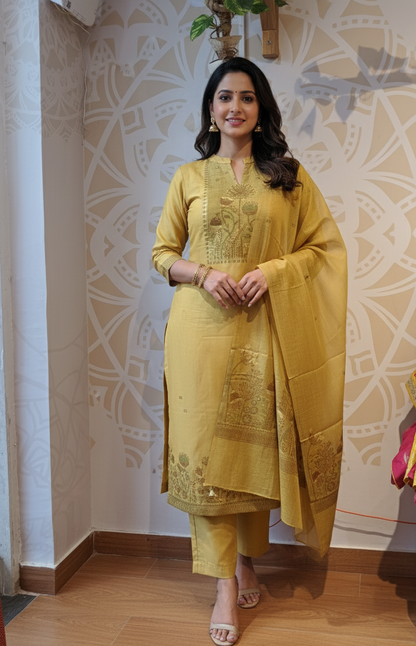 DH229-Radiant Mustard Yellow Ethnic Set With Elegant Motifs