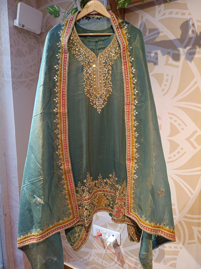DH236-Teal Green Suit With Golden Embroidery And Contrast Red Border