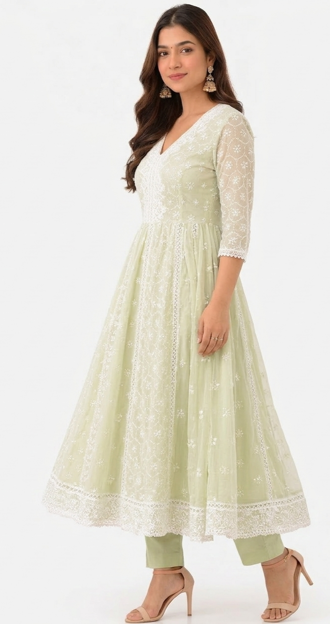 DH116G- Light Green Soft Cotton Anarkali For Women
