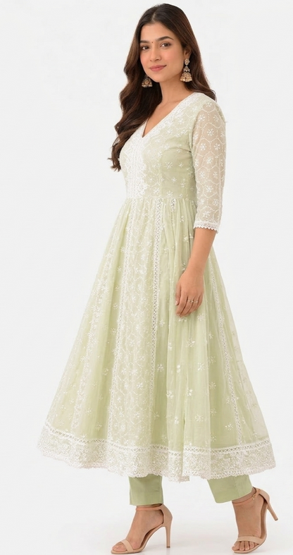 DH116G- Light Green Soft Cotton Anarkali For Women
