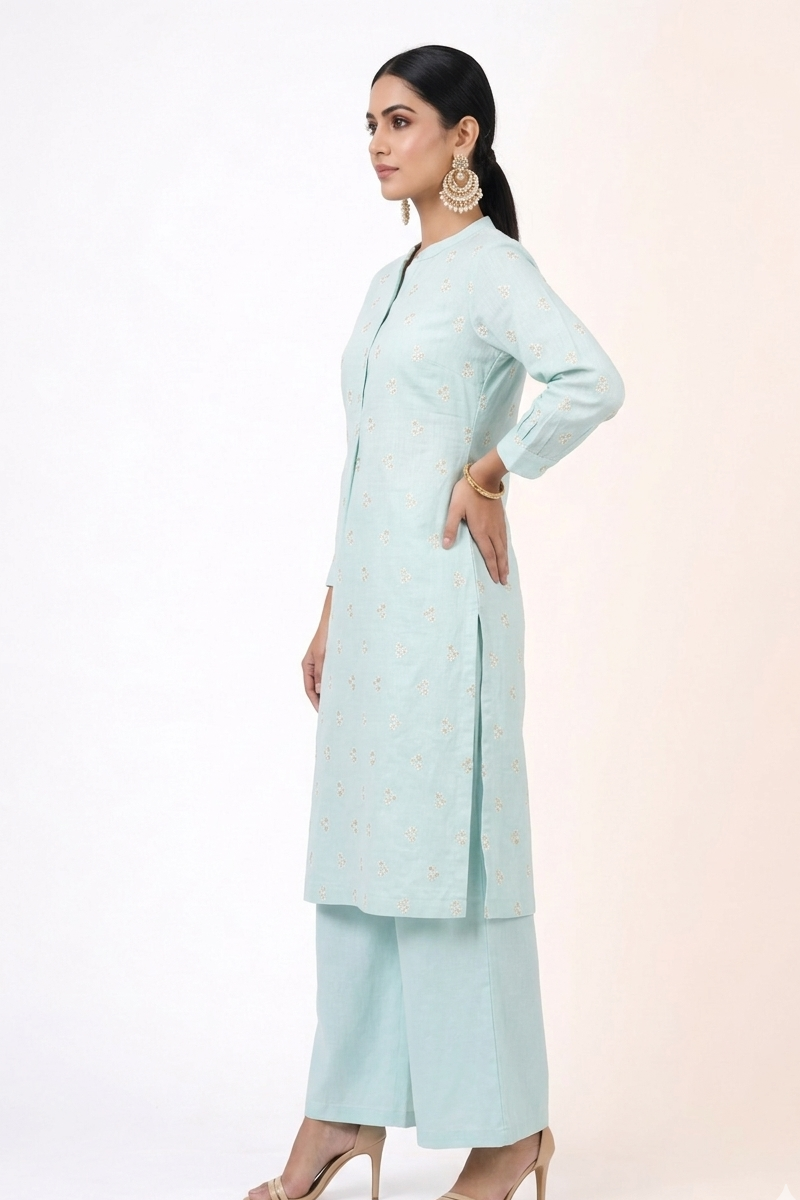 DH310-Elegant Pastel Blue Straight Kurti with Delicate Embroidery
