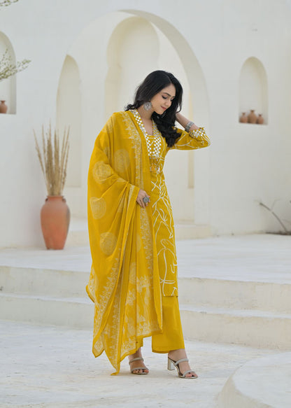 DH 168-Y (PS)-Mustard Yellow and White Print Kurta with Dupatta - Dharini's Store