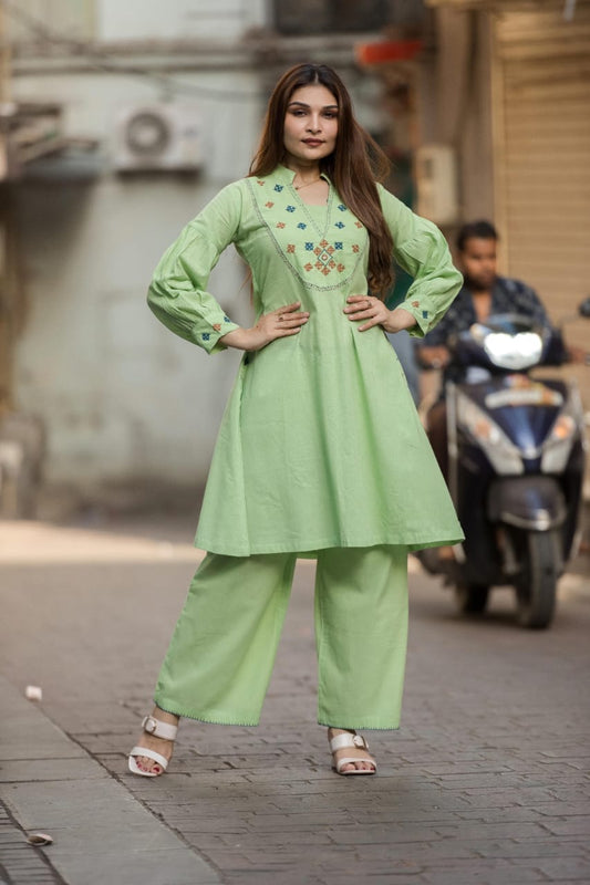 DH211-Two Piece Pastle Green Cotton Suit
