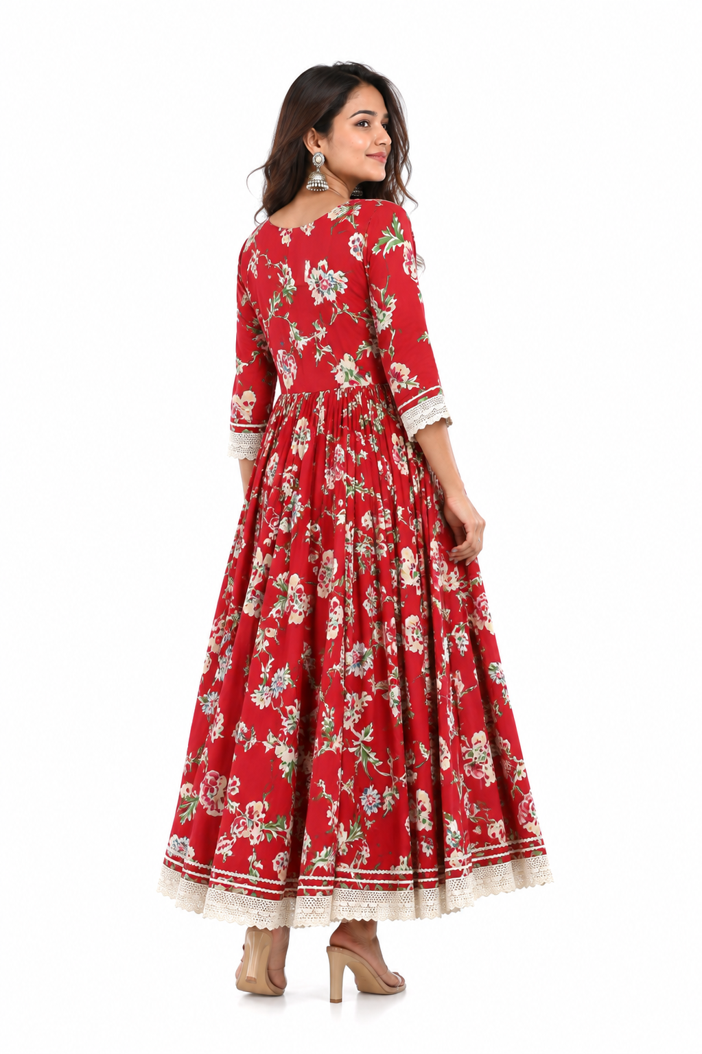 DH213-Graceful Red Floral Anarkali with Lace Detailing